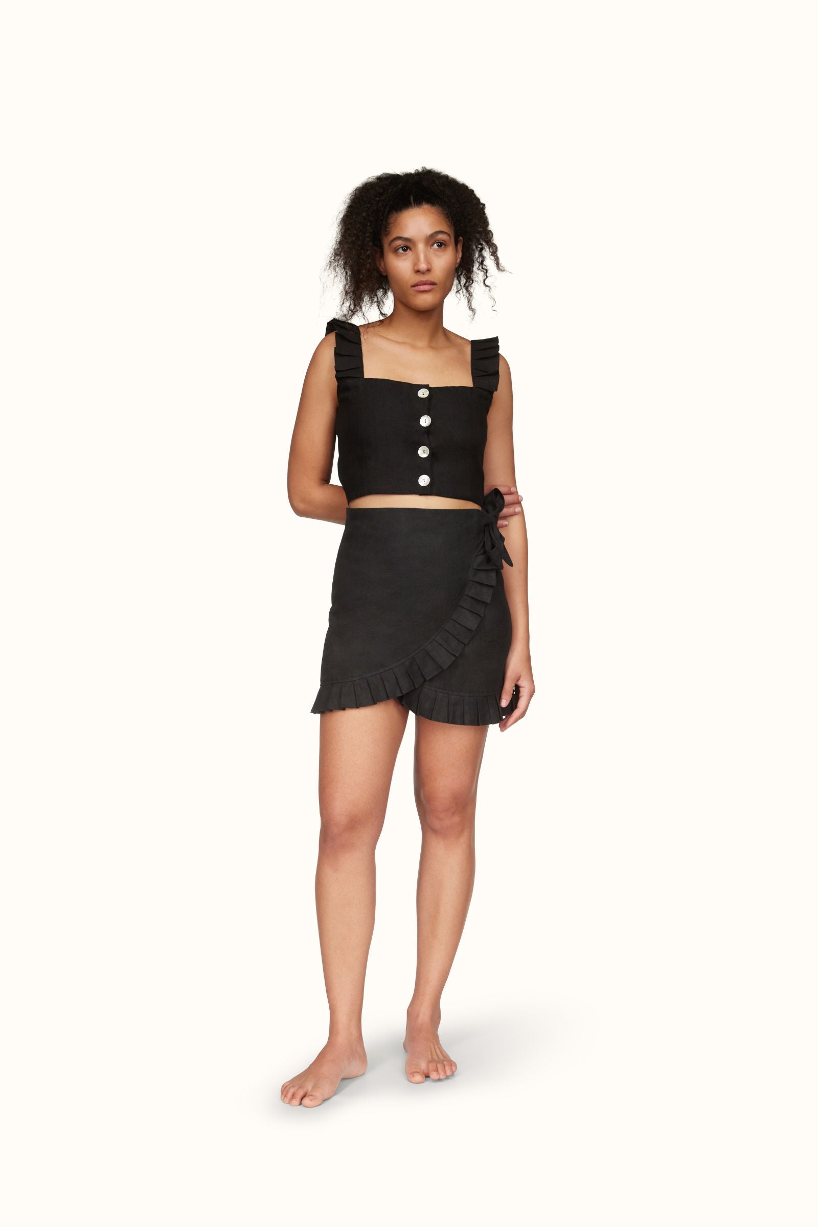 The Copelia ~ Black Linen Frill Crop Top
