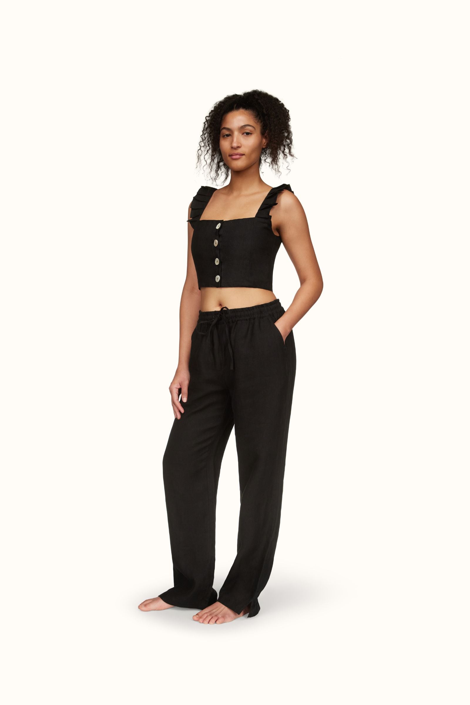 The Copelia ~ Black Linen Frill Crop Top