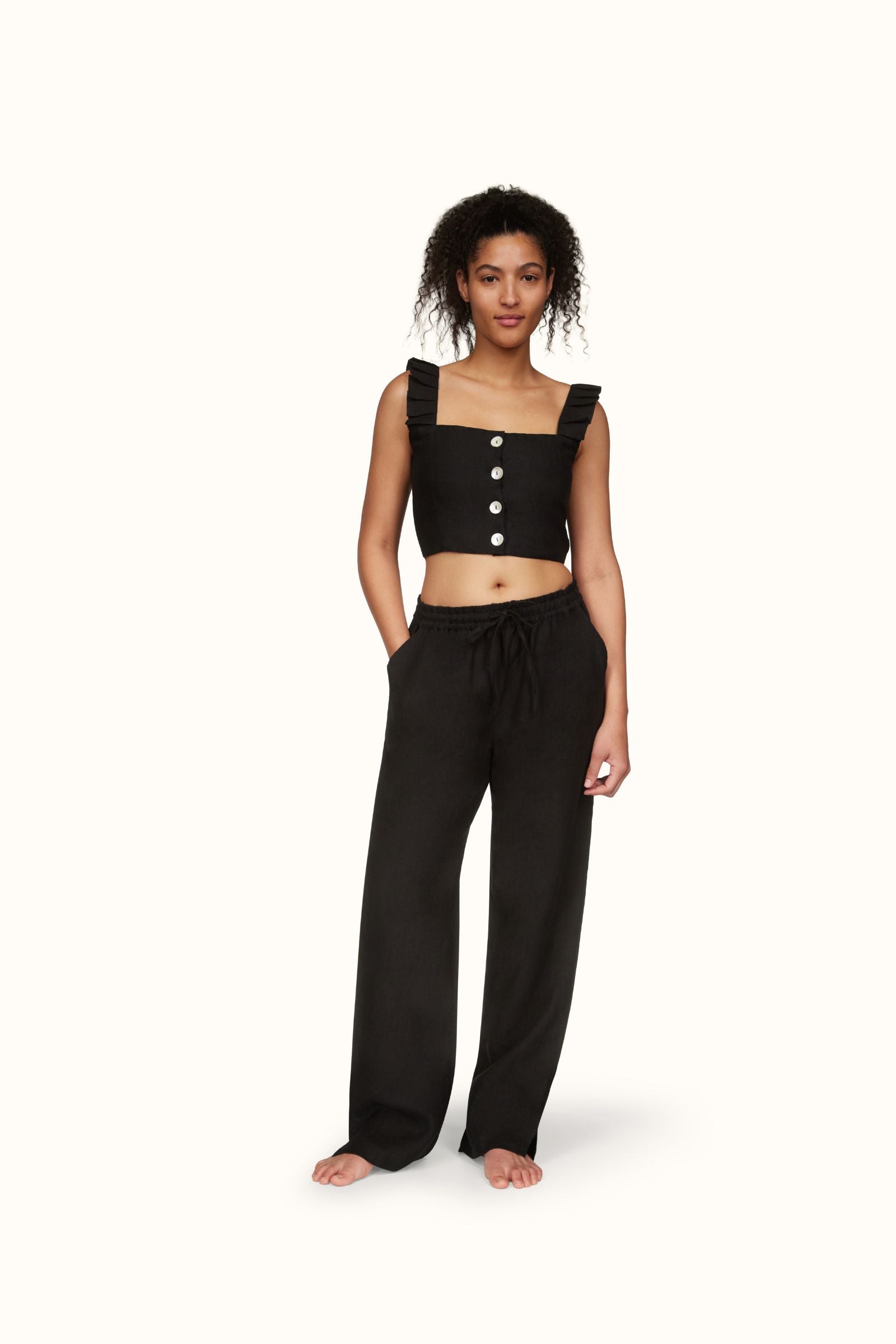 The Copelia ~ Black Linen Frill Crop Top