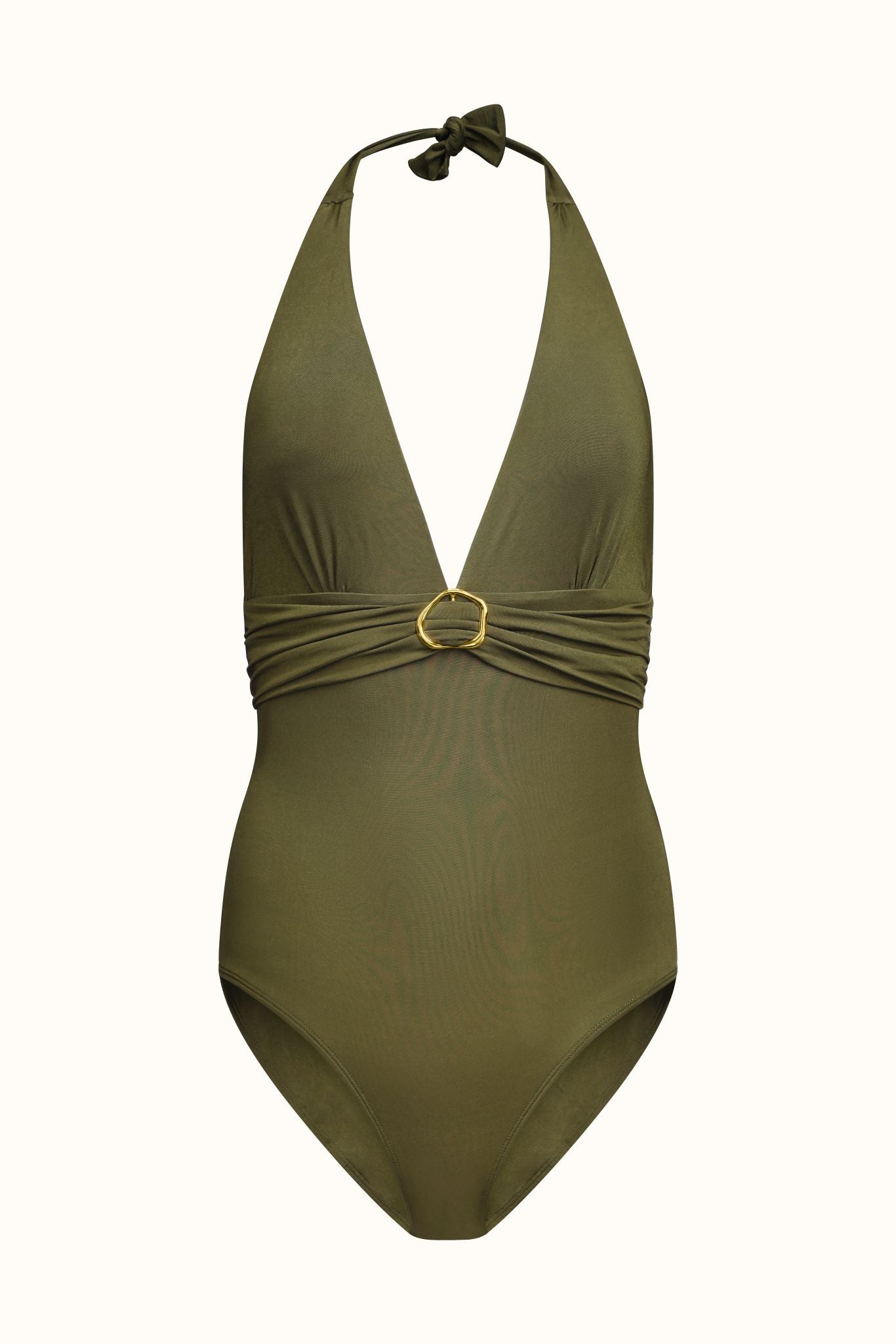 Green halter neck swimsuit with gold ring detail on a white background