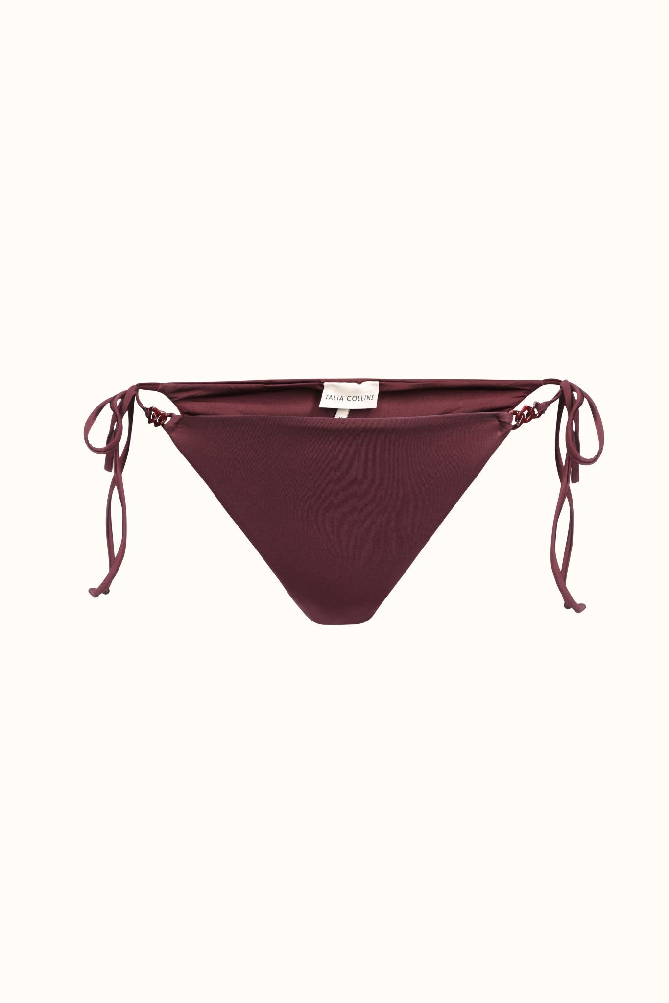 Maroon bikini bottom with tie sides on a white background