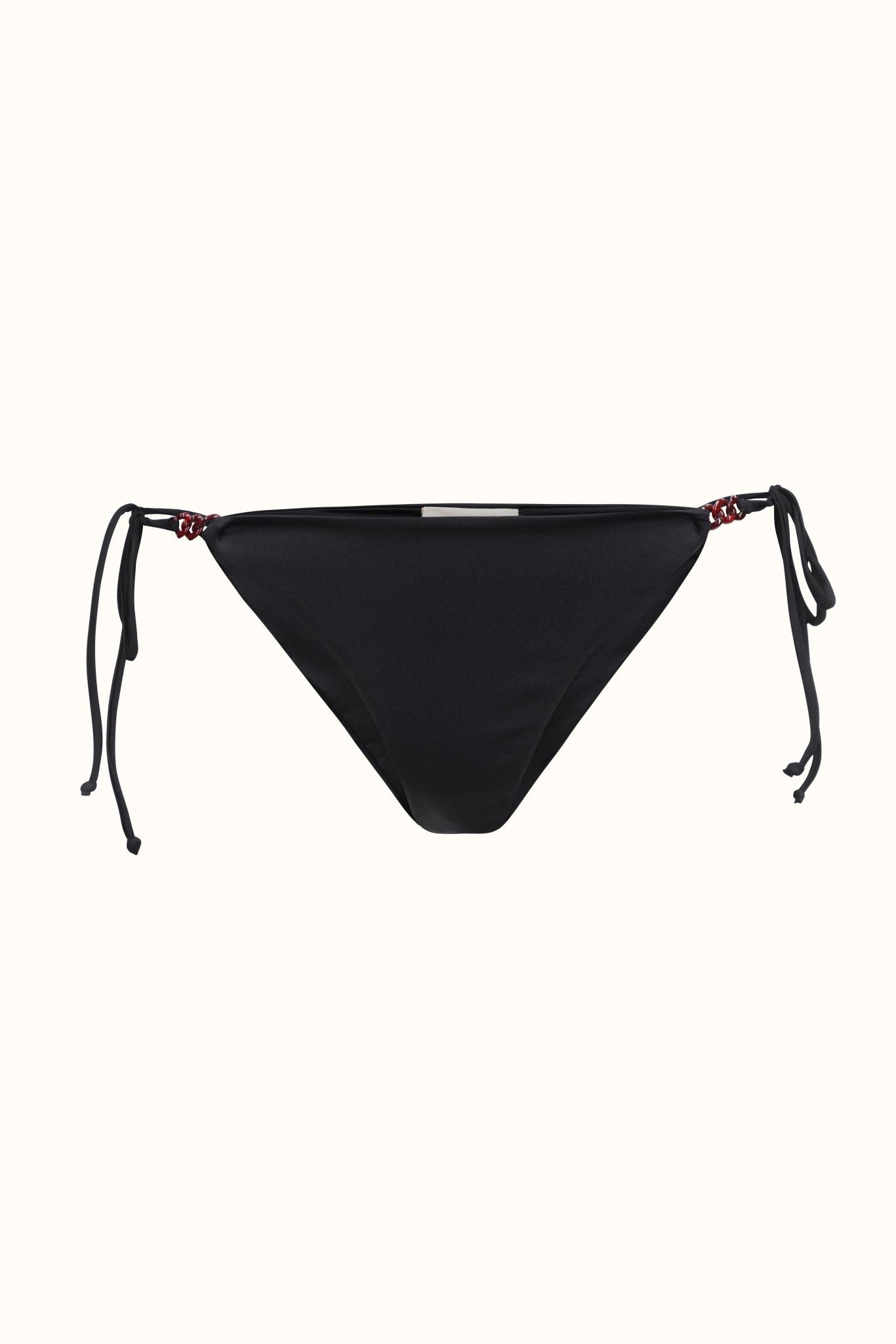 Black bikini bottom with tie sides on a white background