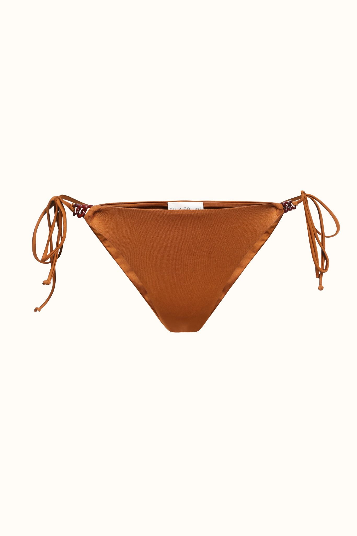 Brown triangle bikini bottom with tie sides on a white background