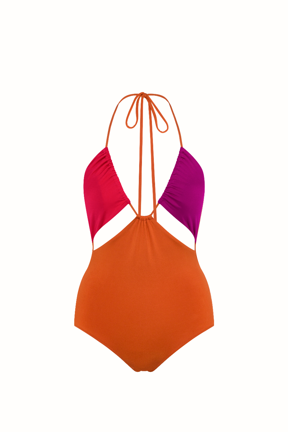 Multicolored swimsuit with pink top and orange bottom on a white background