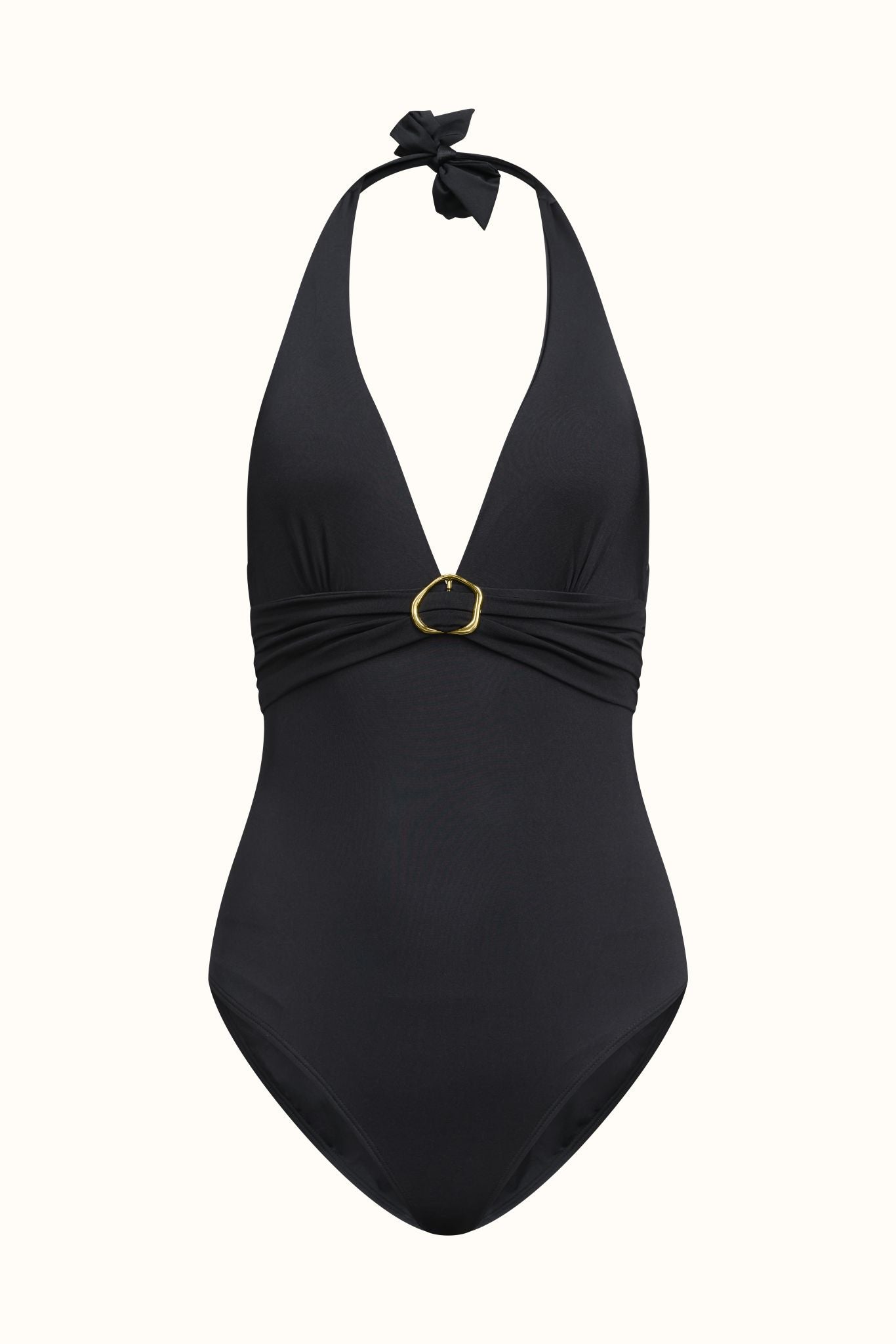Black one-piece swimsuit with a gold buckle on a white background