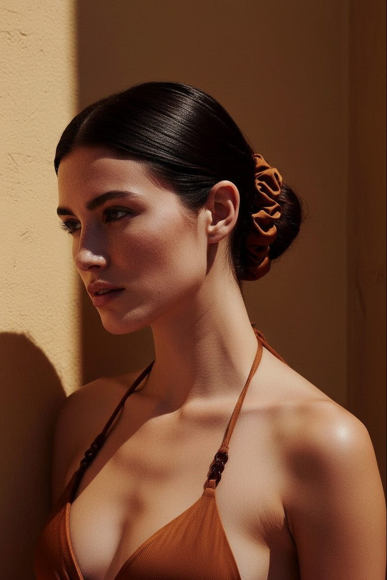 Woman in a brown dress with a blurred background